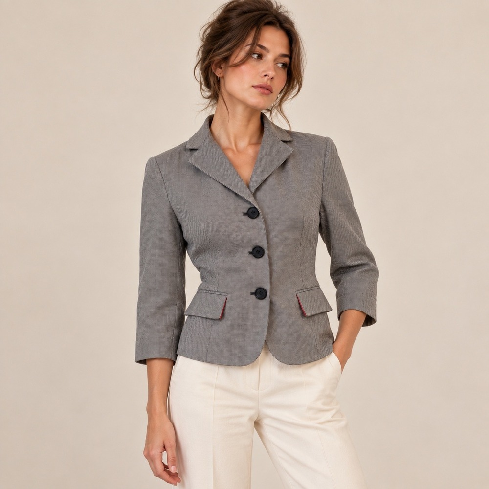 Gap Blazer Women 8 Black White Houndstooth Stretch 3 Button Jacket Mod Retro